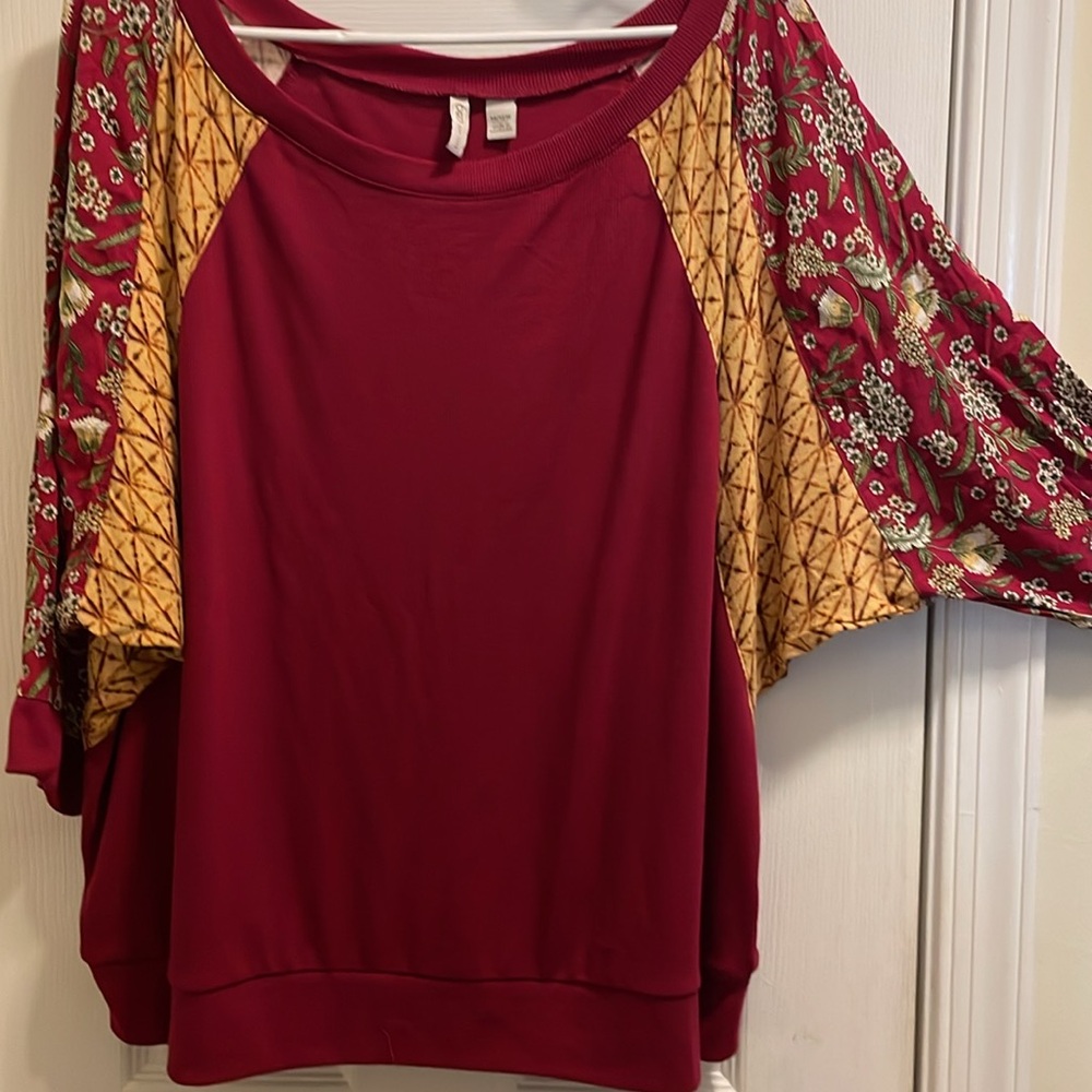 Cato Mustard and Red Flutter Sleeve Blouse